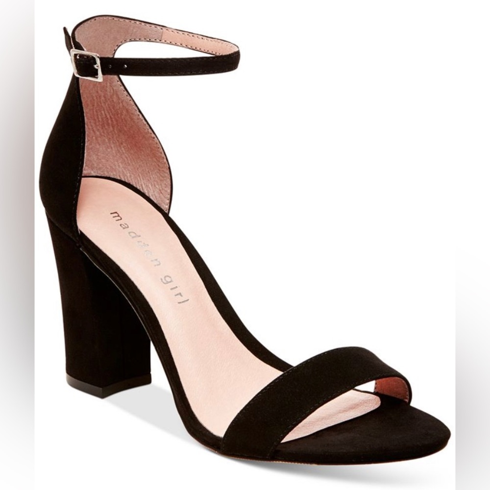 Madden Girl “Beella” ankle strap black suede like fabric high heeled sandals 8.5